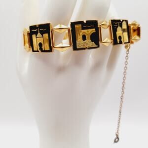 Vintage Damascene Castle Link Bracelet, Spanish Gold Black Jewelry, 7 Inch Chain